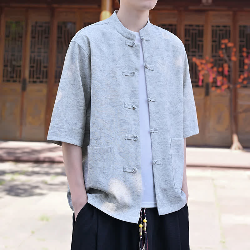 Buddha Stones Camisas de manga corta para hombre de estilo Summer Tang con cuello mandarín, botones de rana y bolsillo. - image 1