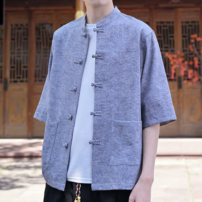 Buddha Stones Camisas de manga corta para hombre de estilo Summer Tang con cuello mandarín, botones de rana y bolsillo. - image 16