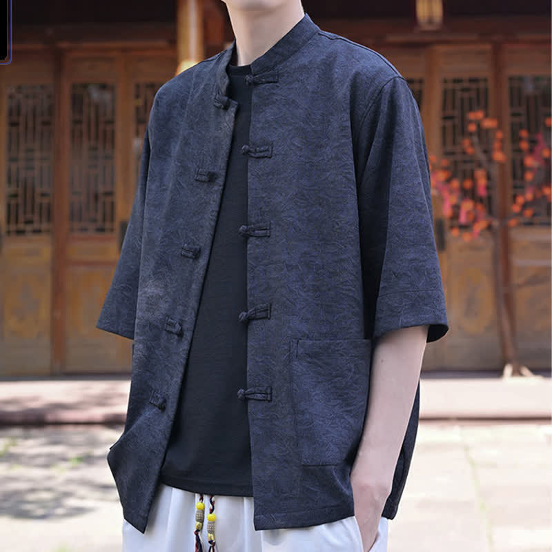 Buddha Stones Camisas de manga corta para hombre de estilo Summer Tang con cuello mandarín, botones de rana y bolsillo. - image 13