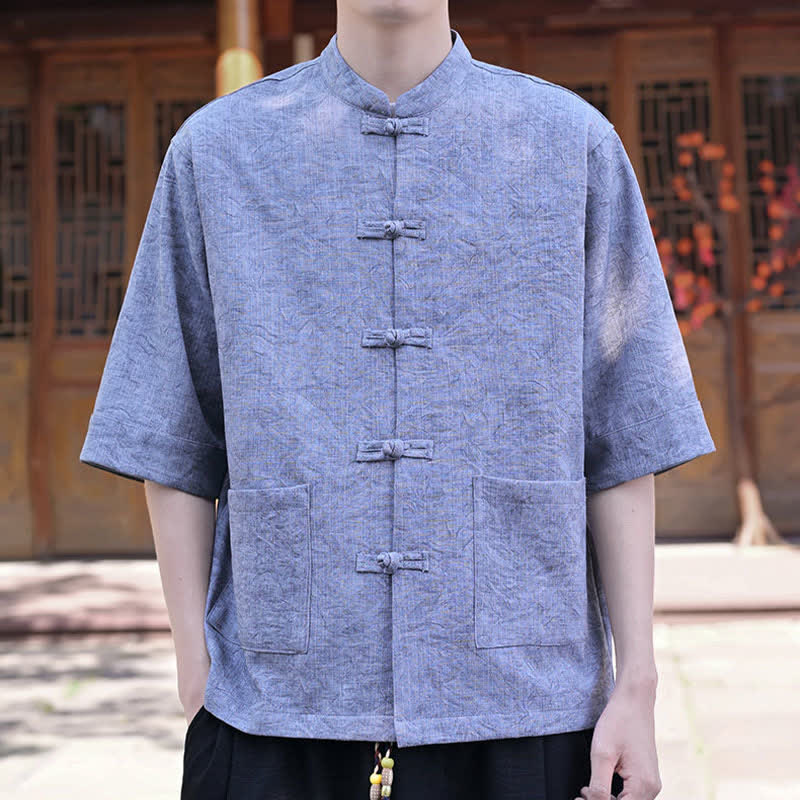 Buddha Stones Camisas de manga corta para hombre de estilo Summer Tang con cuello mandarín, botones de rana y bolsillo. - image 20