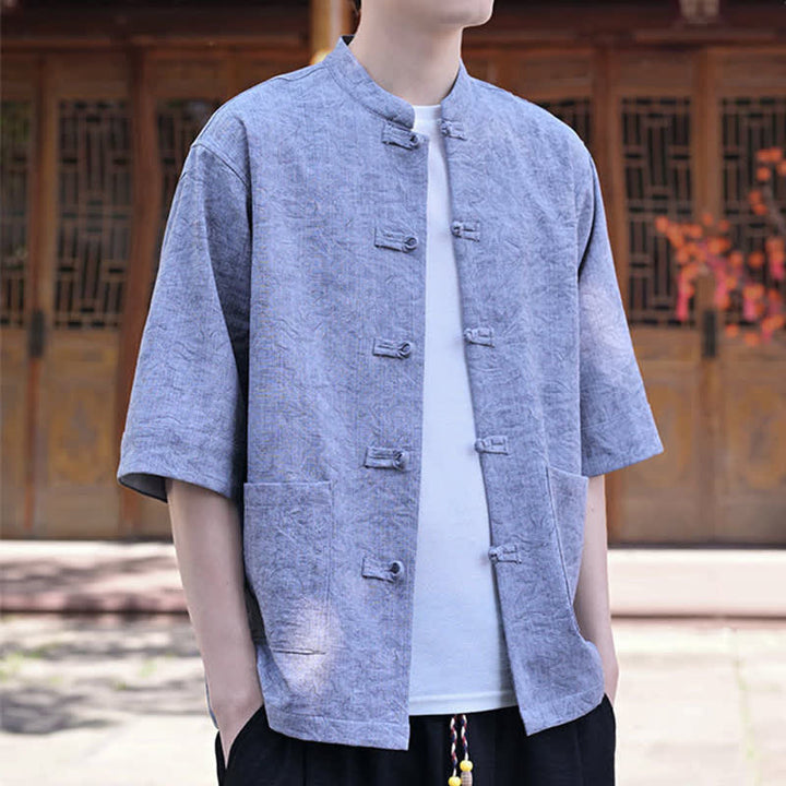 Buddha Stones Camisas de manga corta para hombre de estilo Summer Tang con cuello mandarín, botones de rana y bolsillo. - image 17
