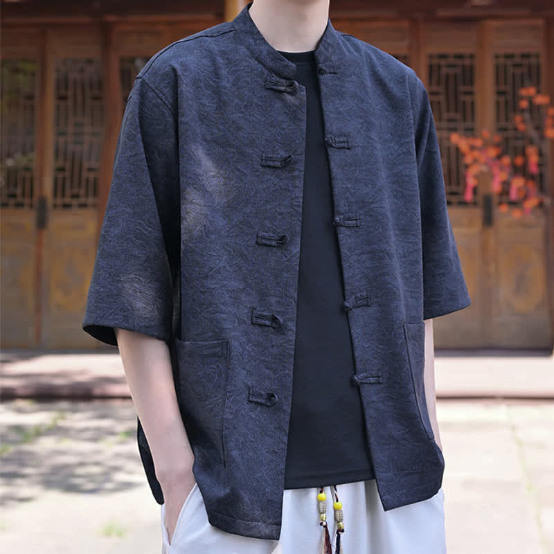 Buddha Stones Camisas de manga corta para hombre de estilo Summer Tang con cuello mandarín, botones de rana y bolsillo. - image 9