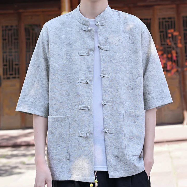 Buddha Stones Camisas de manga corta para hombre de estilo Summer Tang con cuello mandarín, botones de rana y bolsillo. - image 6