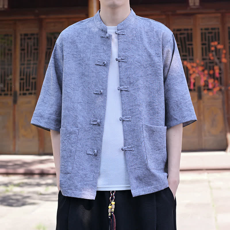 Buddha Stones Camisas de manga corta para hombre de estilo Summer Tang con cuello mandarín, botones de rana y bolsillo. - image 19