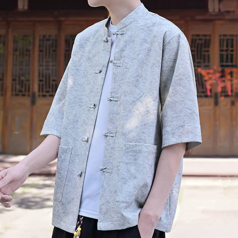 Buddha Stones Camisas de manga corta para hombre de estilo Summer Tang con cuello mandarín, botones de rana y bolsillo. - image 4