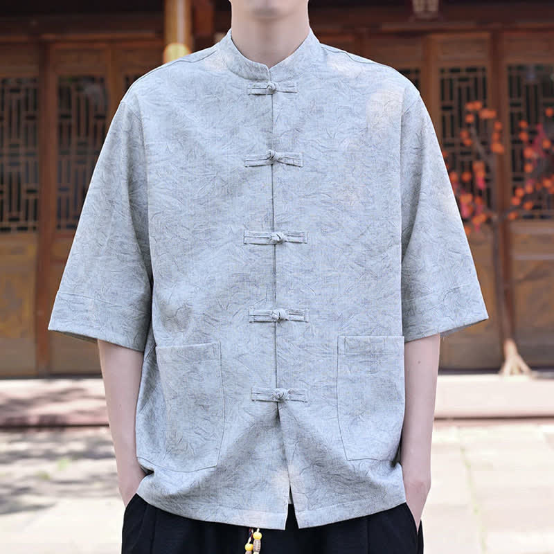 Buddha Stones Camisas de manga corta para hombre de estilo Summer Tang con cuello mandarín, botones de rana y bolsillo. - image 3