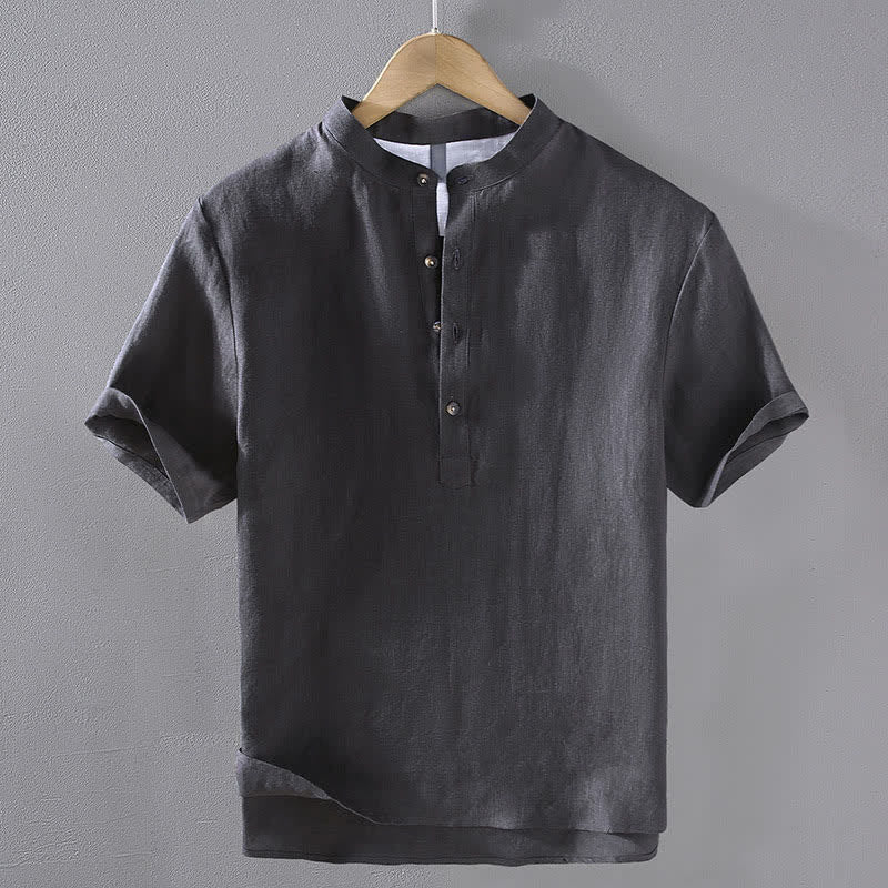 Buddha Stones Camisas de manga corta para hombre de lino liso con cuello mandarín, estilo casual de verano Tang. - Gris pizarra oscuro - US/UK/AU42, EU52 (3XL) - image 12