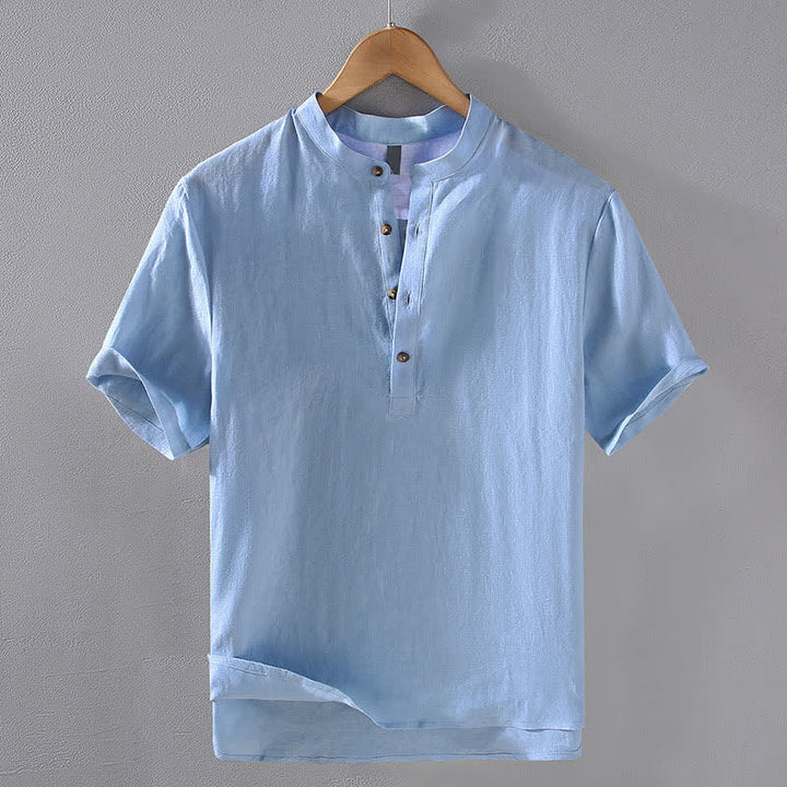 Buddha Stones Camisas de manga corta para hombre de lino liso con cuello mandarín, estilo casual de verano Tang. - Azul claro - US/UK/AU42, EU52 (3XL) - image 0