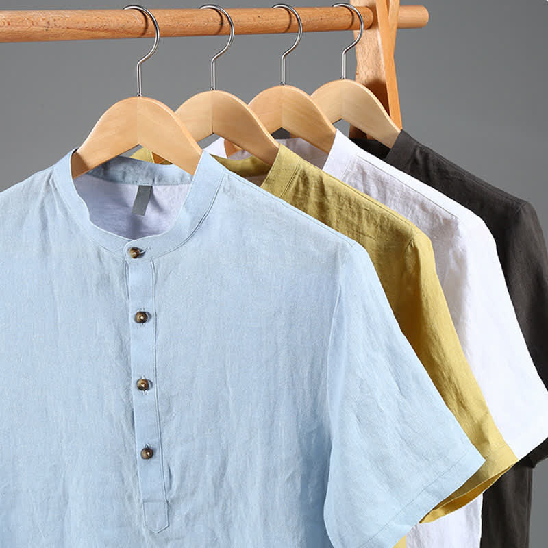 Buddha Stones Camisas de manga corta para hombre de lino liso con cuello mandarín, estilo casual de verano Tang. - image 17