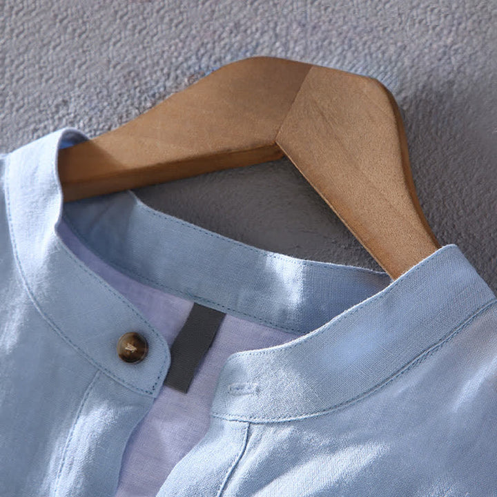Buddha Stones Camisas de manga corta para hombre de lino liso con cuello mandarín, estilo casual de verano Tang. - image 4