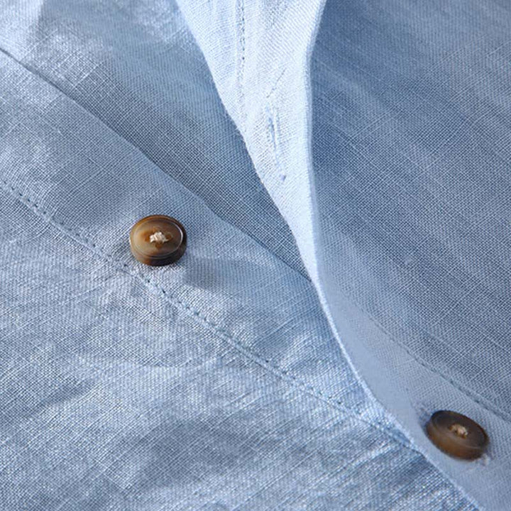 Buddha Stones Camisas de manga corta para hombre de lino liso con cuello mandarín, estilo casual de verano Tang. - image 7