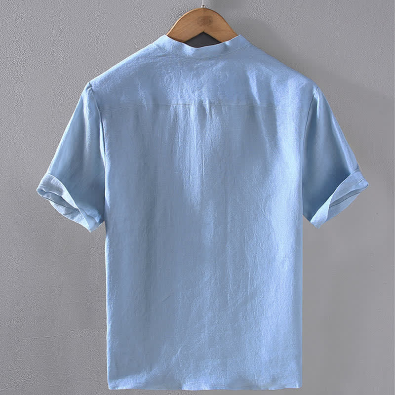 Buddha Stones Camisas de manga corta para hombre de lino liso con cuello mandarín, estilo casual de verano Tang. - image 2