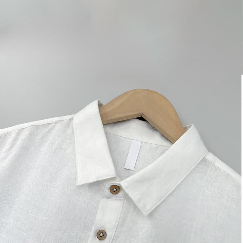 Buddha Stones Camisas de manga corta de lino liso para hombre, estilo casual de verano, con abertura lateral. - image 1