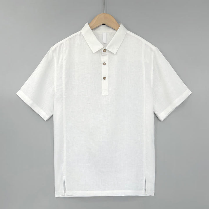 Buddha Stones Camisas de manga corta de lino liso para hombre, estilo casual de verano, con abertura lateral. - Blanco - US/UK/AU44, EU54 (4XL) - image 0