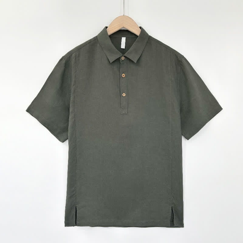 Buddha Stones Camisas de manga corta de lino liso para hombre, estilo casual de verano, con abertura lateral. - Gris - US/UK/AU44, EU54 (4XL) - image 10