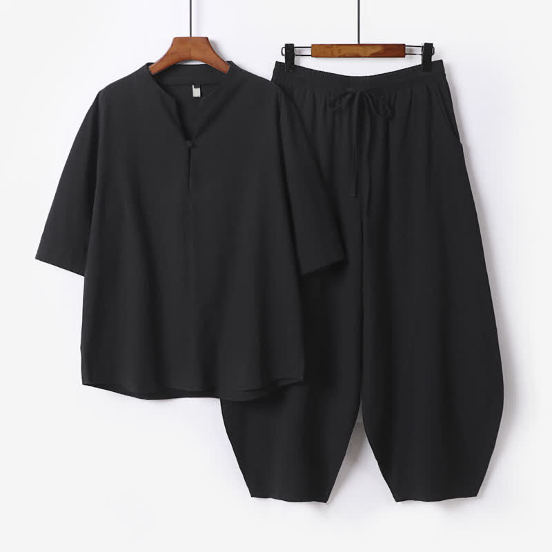 Buddha Stones Conjunto de 2 piezas para primavera/verano, estilo casual Tang, camisa con cordón ajustable, pantalones cortos lisos, ropa de meditación para hombre con bolsillo. - Negro - US/UK/AU54, EU64 (9XL) - image 3