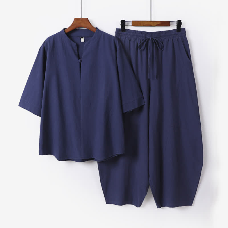 Buddha Stones Conjunto de 2 piezas para primavera/verano, estilo casual Tang, camisa con cordón ajustable, pantalones cortos lisos, ropa de meditación para hombre con bolsillo. - Azul medianoche - US/UK/AU54, EU64 (9XL) - image 6