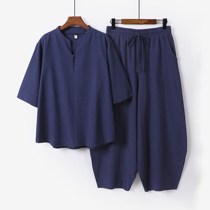 Buddha Stones Conjunto de 2 piezas para primavera/verano, estilo casual Tang, camisa con cordón ajustable, pantalones cortos lisos, ropa de meditación para hombre con bolsillo. - Azul medianoche - US/UK/AU54, EU64 (9XL) - image 6