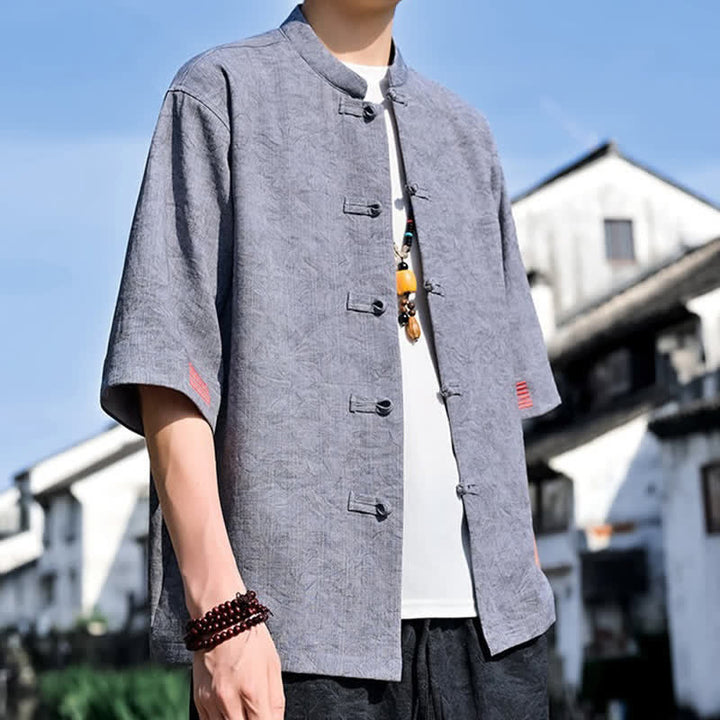 Buddha Stones Camisas de manga corta para hombre, color liso, con cuello mandarín y botones de rana, estilo verano Tang. - image 14