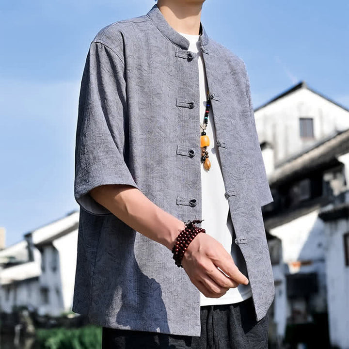 Buddha Stones Camisas de manga corta para hombre, color liso, con cuello mandarín y botones de rana, estilo verano Tang. - image 15