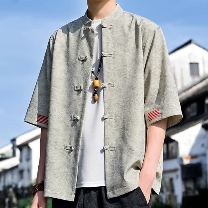 Buddha Stones Camisas de manga corta para hombre, color liso, con cuello mandarín y botones de rana, estilo verano Tang. - image 4