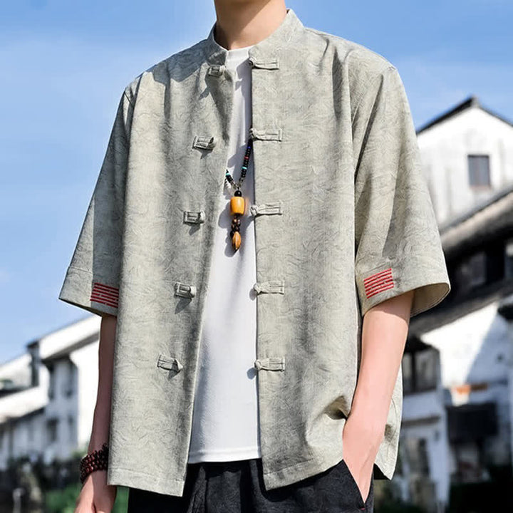 Buddha Stones Camisas de manga corta para hombre, color liso, con cuello mandarín y botones de rana, estilo verano Tang. - image 4