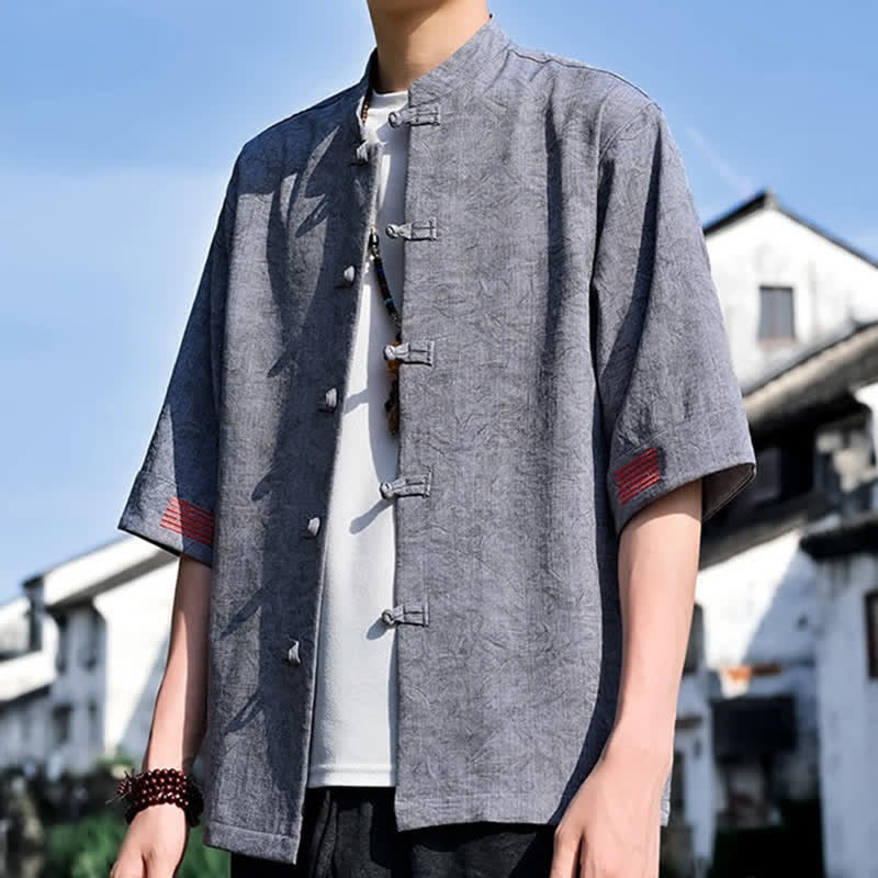 Buddha Stones Camisas de manga corta para hombre, color liso, con cuello mandarín y botones de rana, estilo verano Tang. - image 16