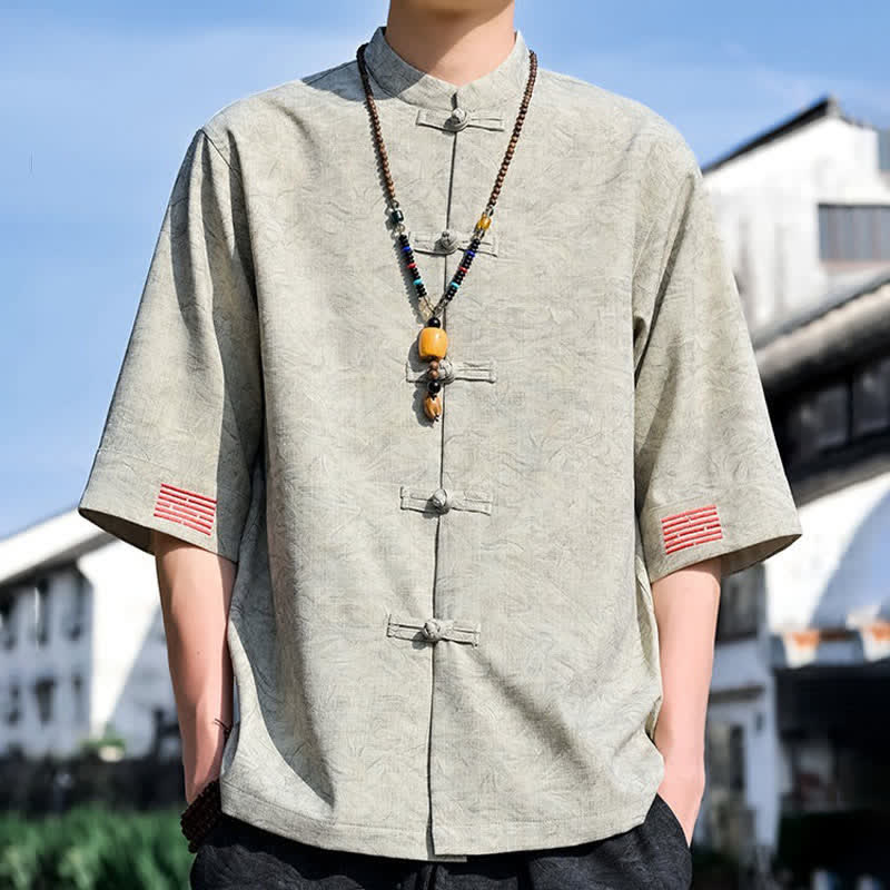 Buddha Stones Camisas de manga corta para hombre, color liso, con cuello mandarín y botones de rana, estilo verano Tang. - image 1