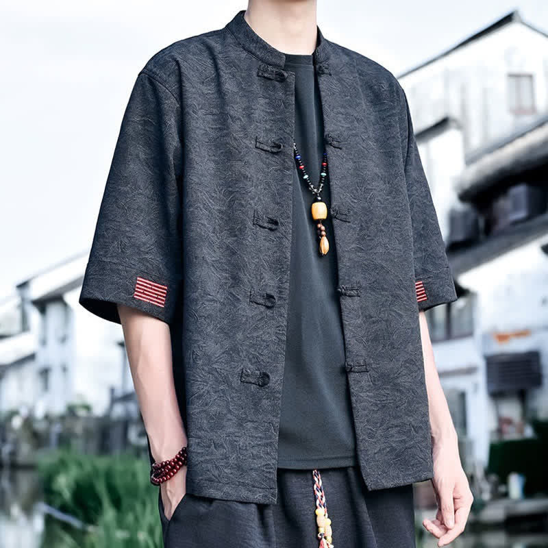 Buddha Stones Camisas de manga corta para hombre, color liso, con cuello mandarín y botones de rana, estilo verano Tang. - image 10