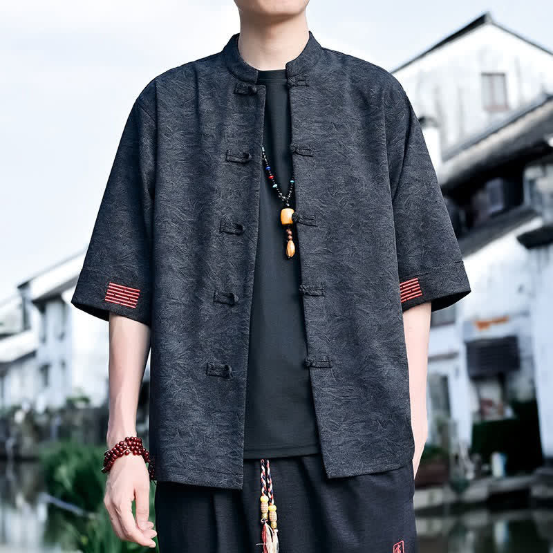 Buddha Stones Camisas de manga corta para hombre, color liso, con cuello mandarín y botones de rana, estilo verano Tang. - image 11
