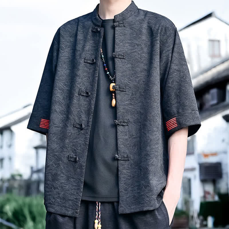 Buddha Stones Camisas de manga corta para hombre, color liso, con cuello mandarín y botones de rana, estilo verano Tang. - image 7