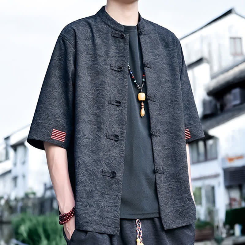 Buddha Stones Camisas de manga corta para hombre, color liso, con cuello mandarín y botones de rana, estilo verano Tang. - image 6