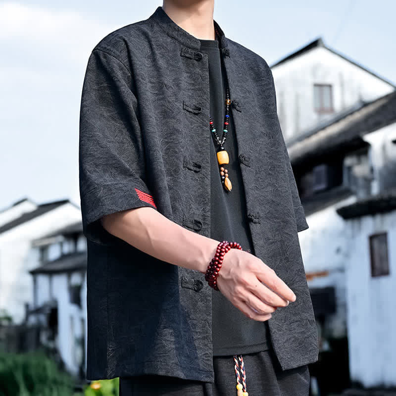 Buddha Stones Camisas de manga corta para hombre, color liso, con cuello mandarín y botones de rana, estilo verano Tang. - image 8