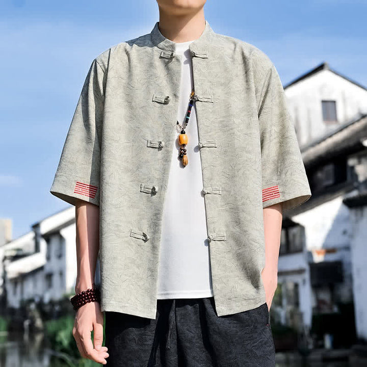 Buddha Stones Camisas de manga corta para hombre, color liso, con cuello mandarín y botones de rana, estilo verano Tang. - Beige - US/UK/AU46, EU56 (5XL) - image 0