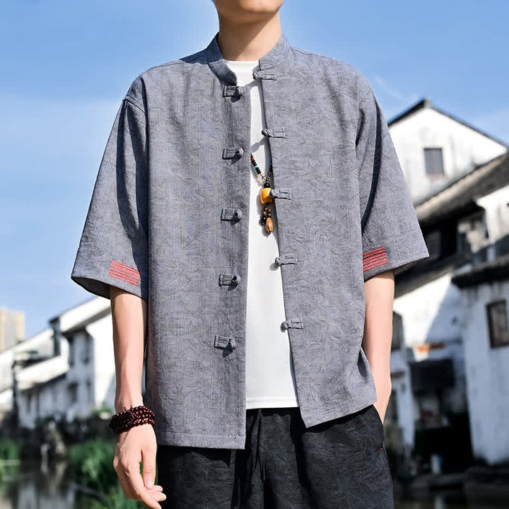Buddha Stones Camisas de manga corta para hombre, color liso, con cuello mandarín y botones de rana, estilo verano Tang. - image 13