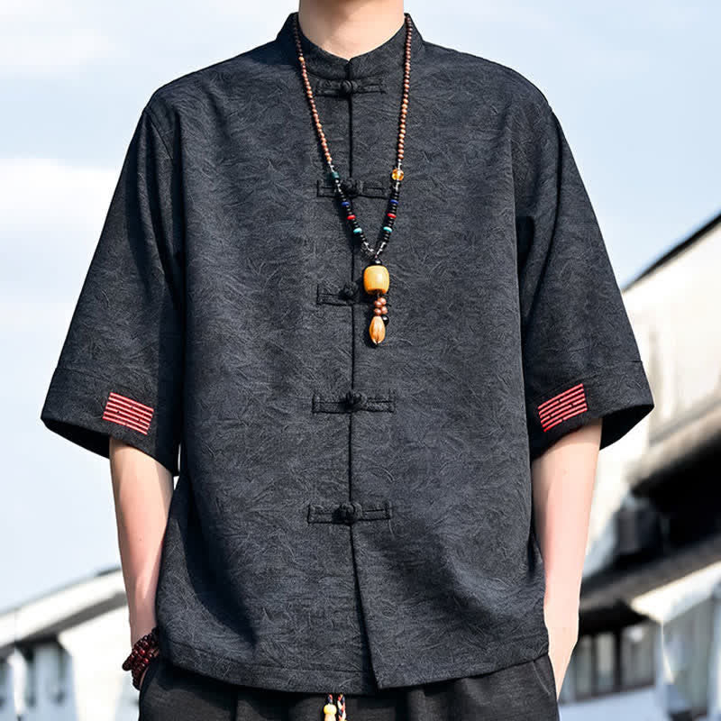 Buddha Stones Camisas de manga corta para hombre, color liso, con cuello mandarín y botones de rana, estilo verano Tang. - image 9