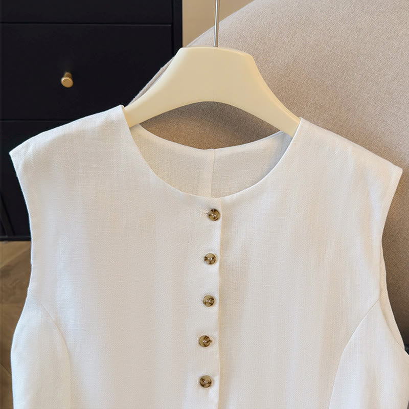 Buddha Stones Camiseta sin mangas elegante de verano con cuello redondo y botones para mujer. - image 3