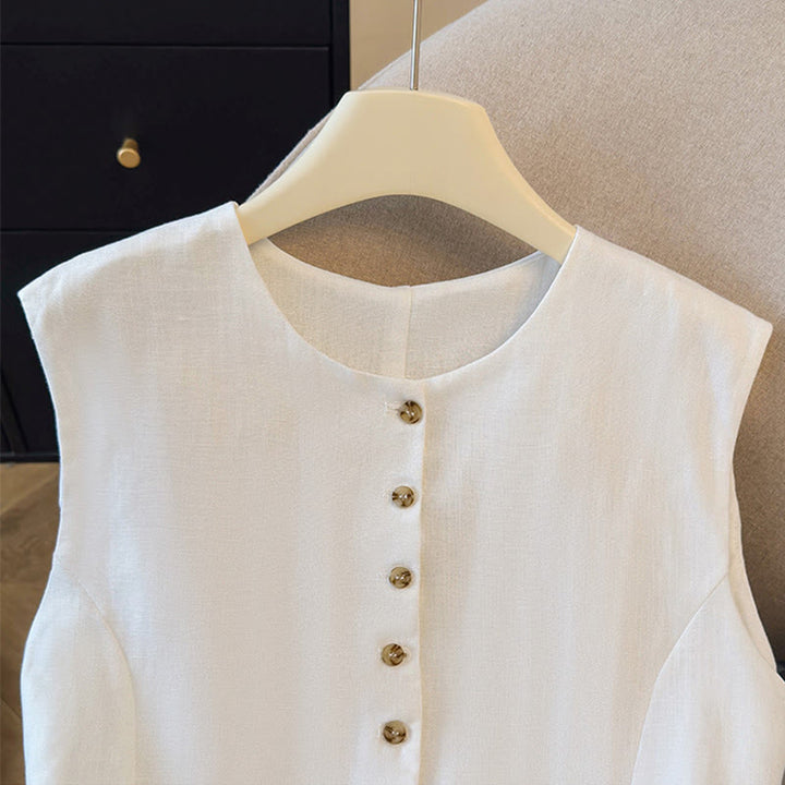 Buddha Stones Camiseta sin mangas elegante de verano con cuello redondo y botones para mujer. - image 3
