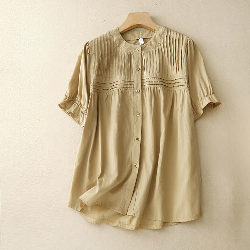 Buddha Stones Camisa de manga corta para mujer, estilo casual veraniego vintage, con botones, diseño liso y pliegues. - Caqui - US8-10, UK/AU12-14, EU40-42 (2XL) - image 0