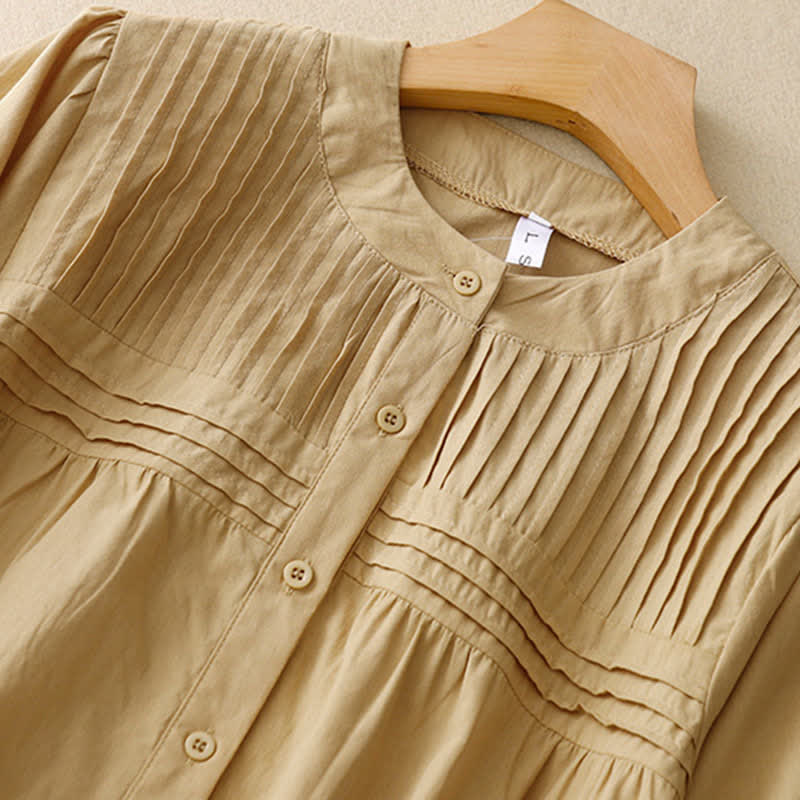 Buddha Stones Camisa de manga corta para mujer, estilo casual veraniego vintage, con botones, diseño liso y pliegues. - image 1