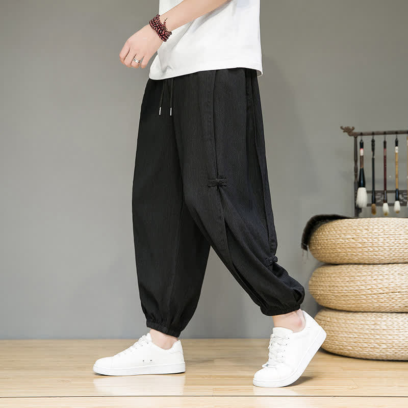 Buddha Stones Pantalones cortos minimalistas informales de verano con cordón ajustable, pantalones harem para hombre con bolsillo. - Negro - US/UK/AU46, EU56 (5XL) - image 0