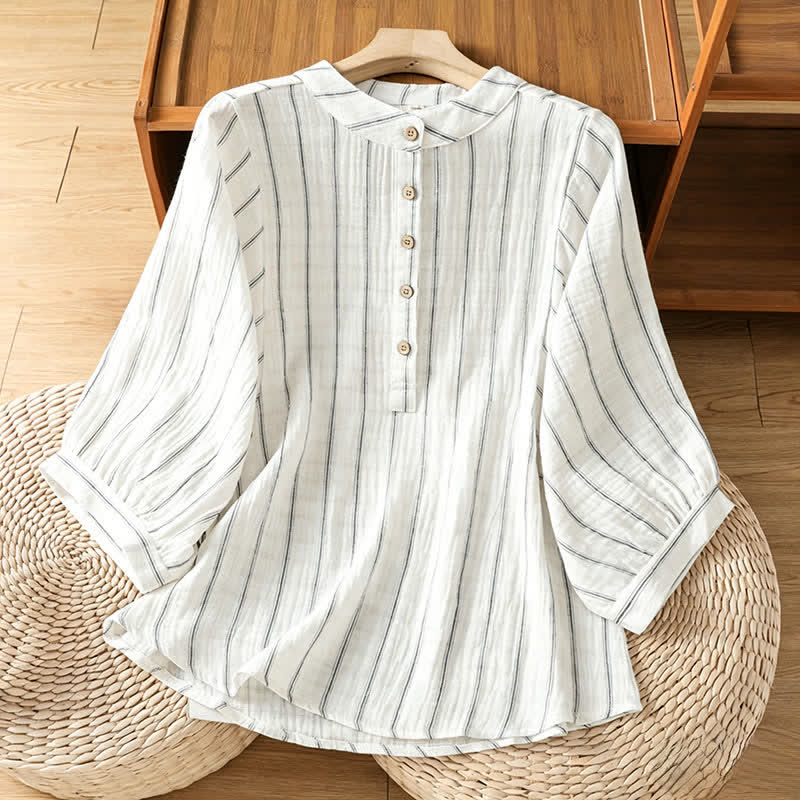 Buddha Stones Camisas de manga corta a rayas con botones, estilo casual de verano y estilo minimalista para mujer. - Blanco - US8-10, UK/AU12-14, EU40-42 (2XL) - image 0