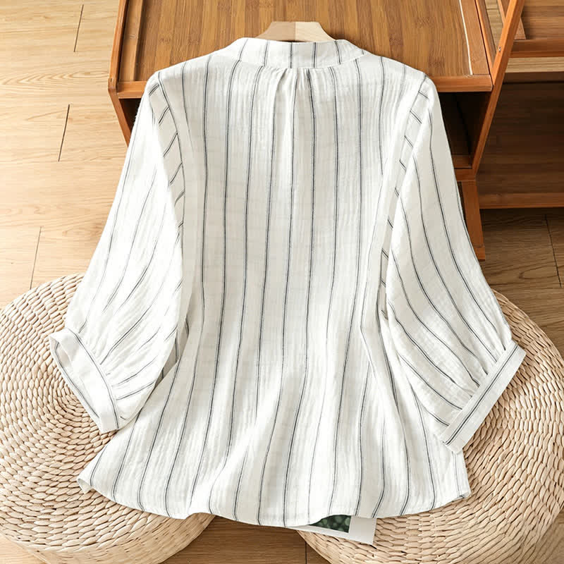 Buddha Stones Camisas de manga corta a rayas con botones, estilo casual de verano y estilo minimalista para mujer. - image 1