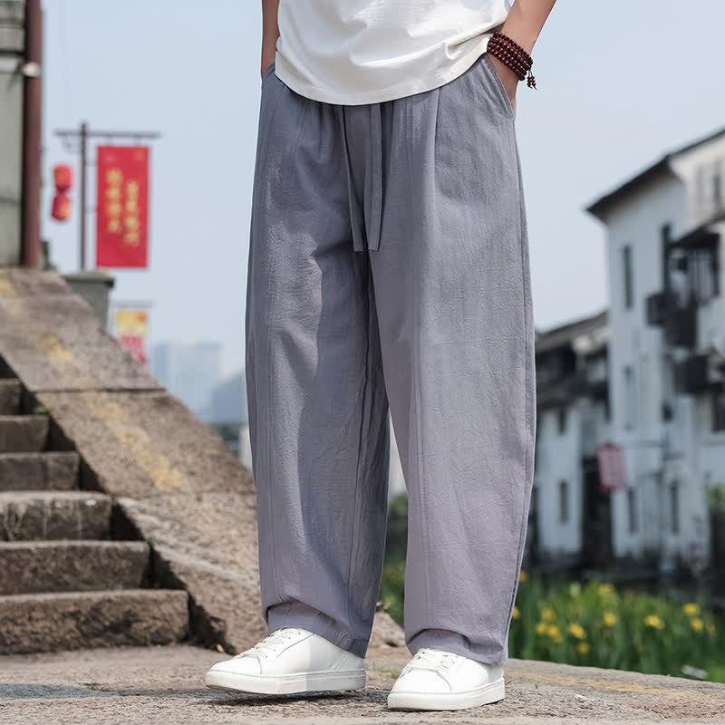 Buddha Stones Pantalones largos de algodón liso estilo harem para hombre, estilo casual de verano, minimalistas, con cordón ajustable y bolsillo. - image 1