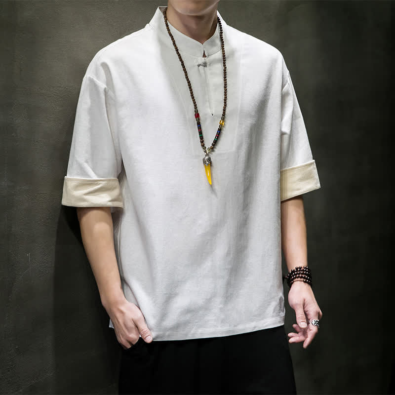 Buddha Stones Camisas de manga corta para hombre, estilo Tang de verano, con cuello mandarín y color liso. - Blanco - US/UK/AU46, EU56 (5XL) - image 14