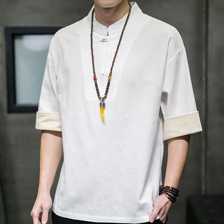 Buddha Stones Camisas de manga corta para hombre, estilo Tang de verano, con cuello mandarín y color liso. - image 17