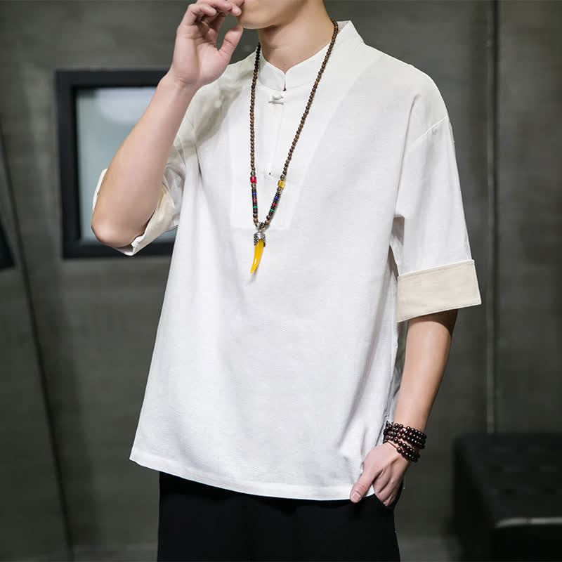 Buddha Stones Camisas de manga corta para hombre, estilo Tang de verano, con cuello mandarín y color liso. - image 16