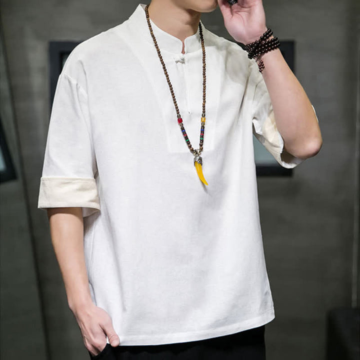 Buddha Stones Camisas de manga corta para hombre, estilo Tang de verano, con cuello mandarín y color liso. - image 15