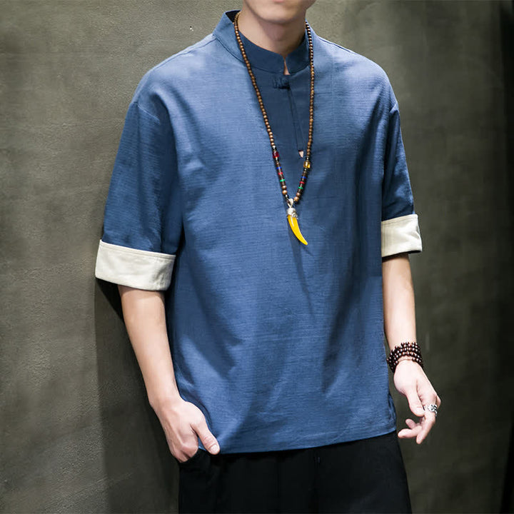 Buddha Stones Camisas de manga corta para hombre, estilo Tang de verano, con cuello mandarín y color liso. - image 1