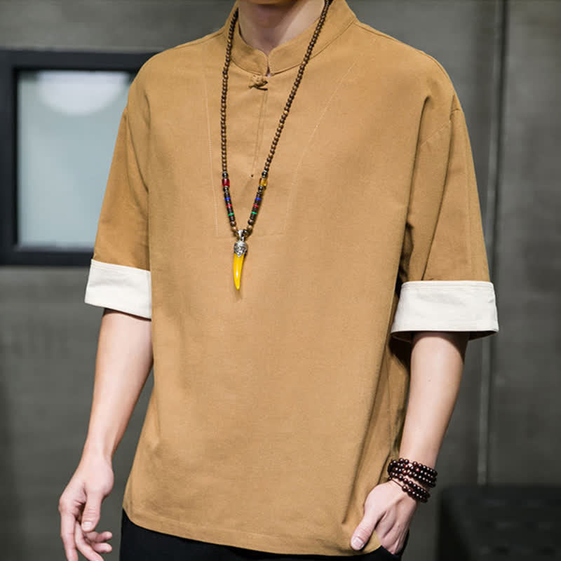 Buddha Stones Camisas de manga corta para hombre, estilo Tang de verano, con cuello mandarín y color liso. - image 12